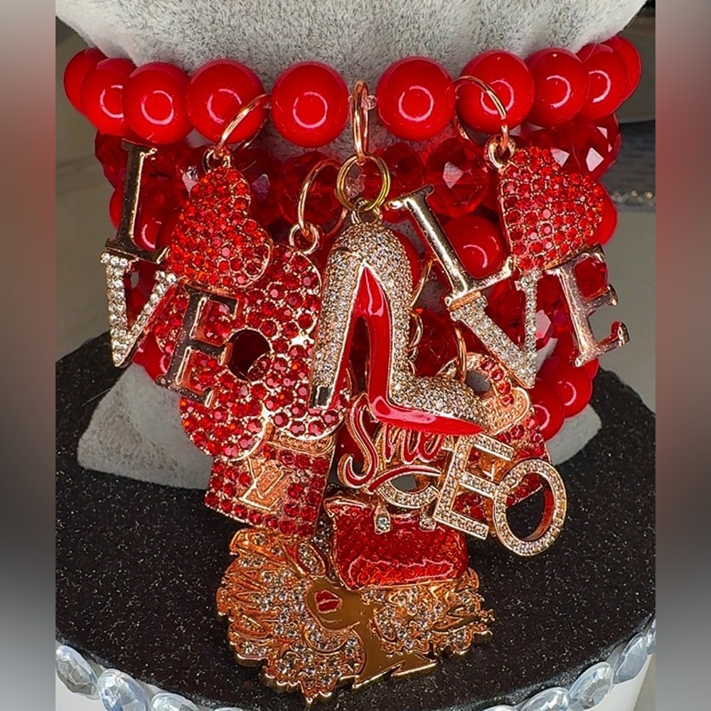 Red Crystal 'LOVE' Charm Bracelet Stack